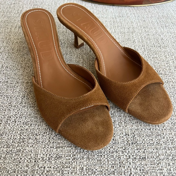 Staud Brigitte Mule Heels Tan Suede Size 40 Open Toe Kitten Heel - Picture 3 of 11